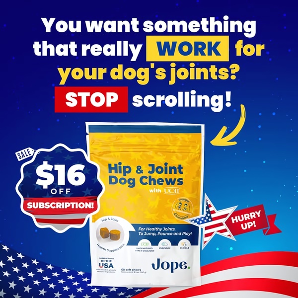 A high-conversion ad featuring a clear hook, product imagery, and a direct subscription discount for dog joint supplements.